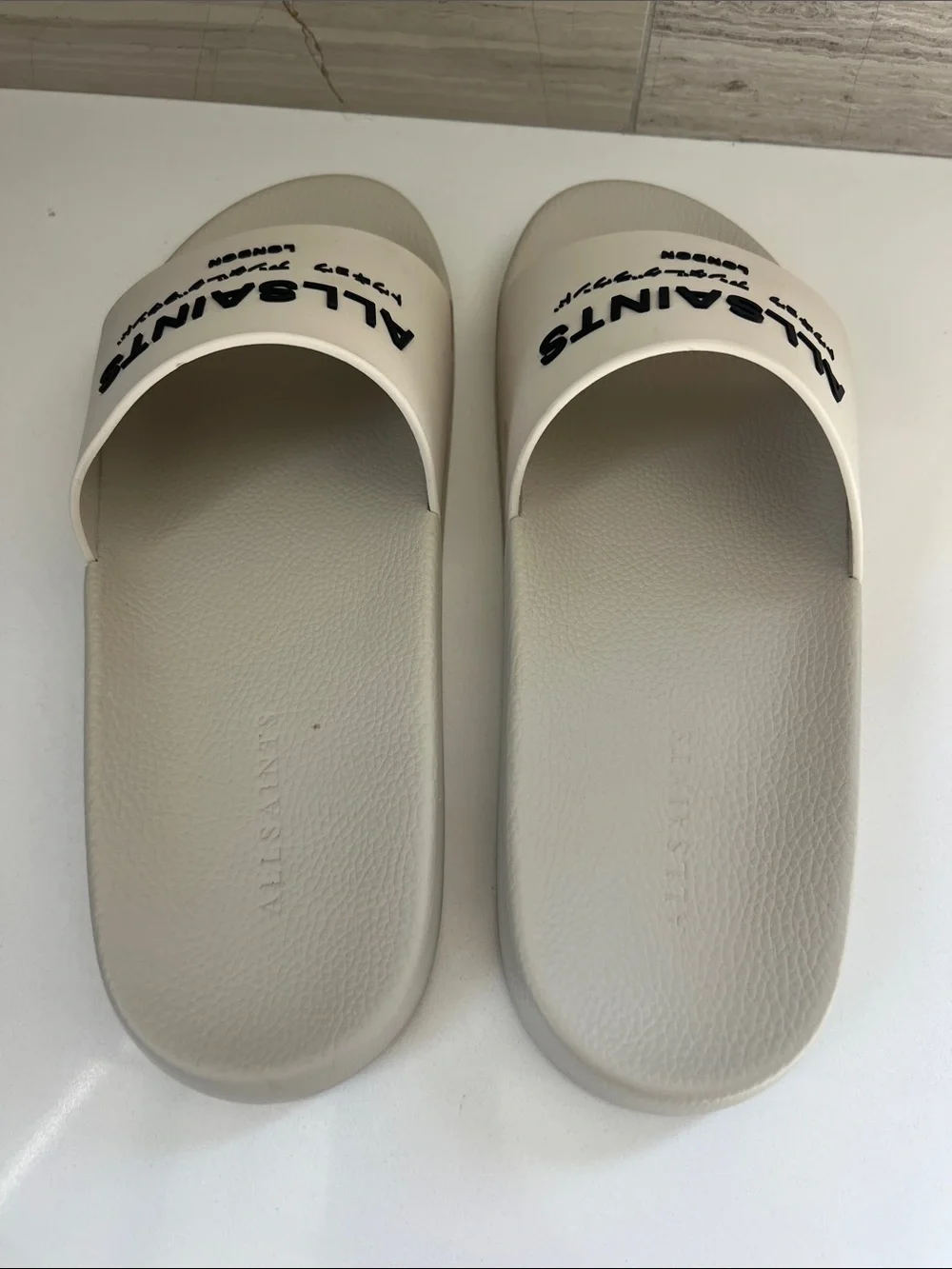 ALLSAINTS underground logo open toe slip on slider sandals cream light gray 42